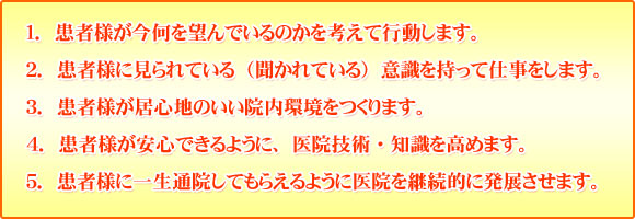 １．患者様が今何を望んでいるのかを考えて行動します。２．患者様に見られている（聞かれている）意識を持って仕事をします。３．患者様が居心地のいい院内環境をつくります。４．患者様が安心できるように、医院技術・知識を高めます。５．患者様に一生通院してもらえるように医院を継続的に発展させます。